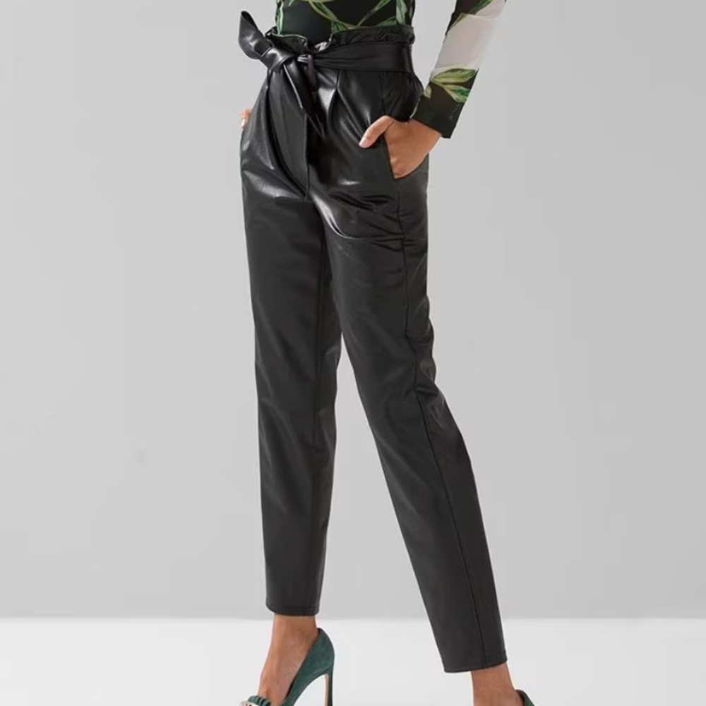 WHBM plus size faux black leather paper-bag tapered ankle pants